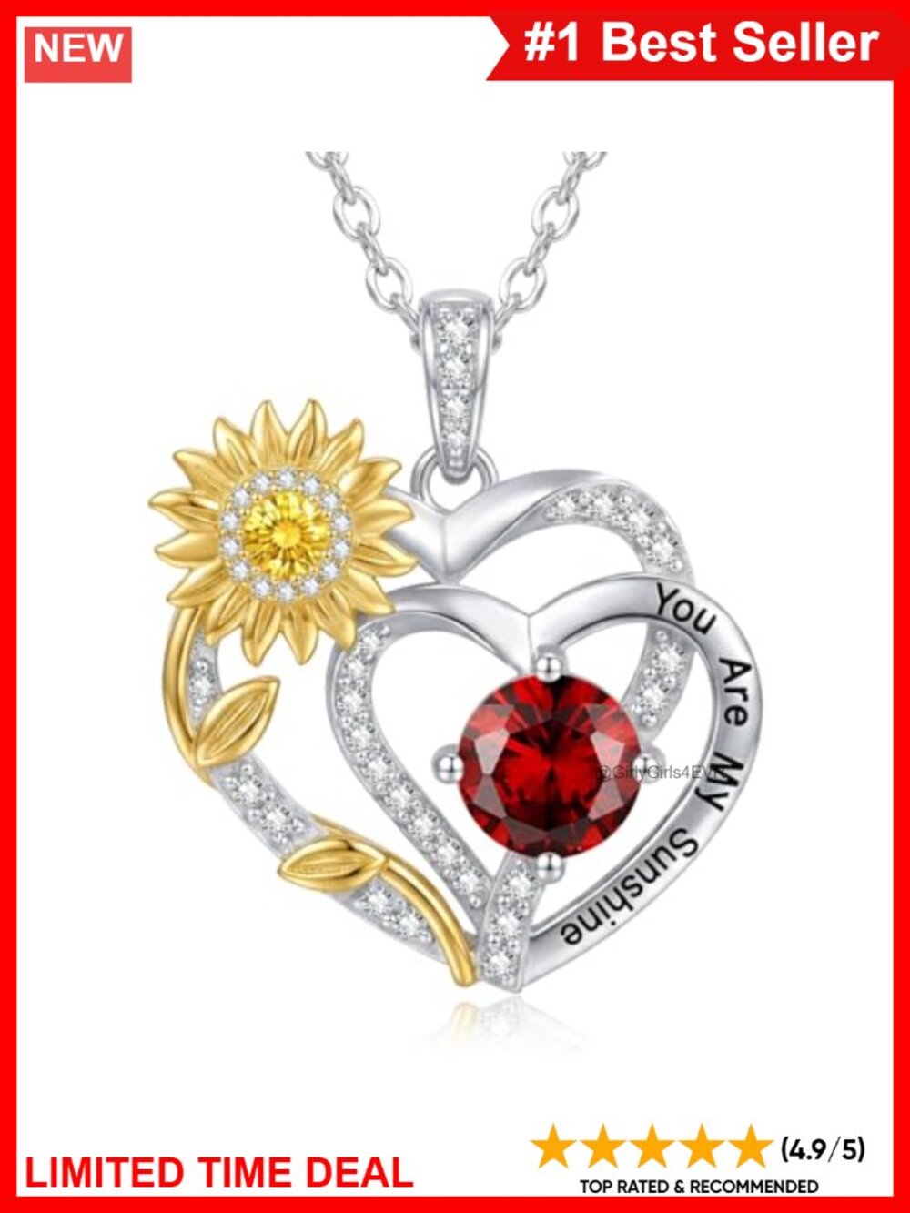 S925 Sterling Silver Sunflower Heart Necklace 1ct Garnet Pendant